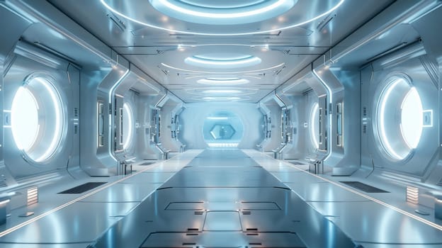 A futuristic looking hallway with a lot of lights and windows