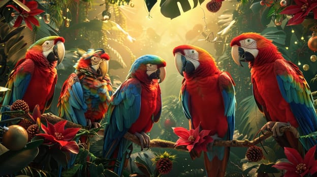 Group of colorful parrots sitting on a branch in the jungle.