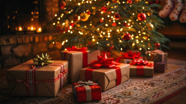 Group of gifts under christmas tree with lights