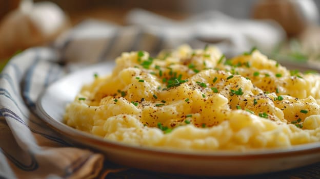 A plate of a bowl filled with mashed potatoes and garnished