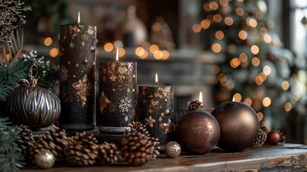 Group of candles and decorations on a table with Christmas decorations