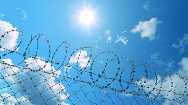 A fence with barbed wire and a blue sky in the background