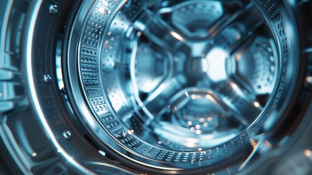 Close-up of shiny metal washing machine tank in center .