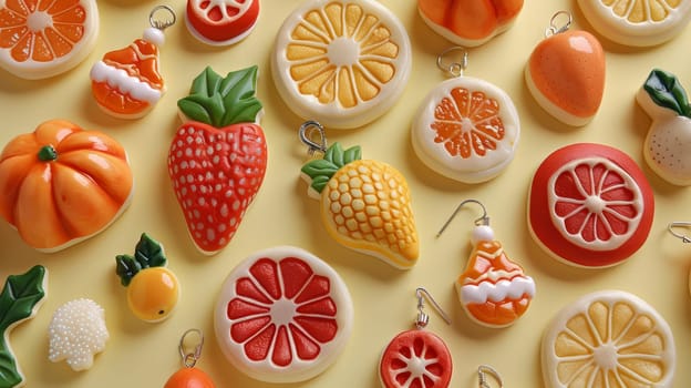 On the table there is a bunch of different decorations in the form of fruits.