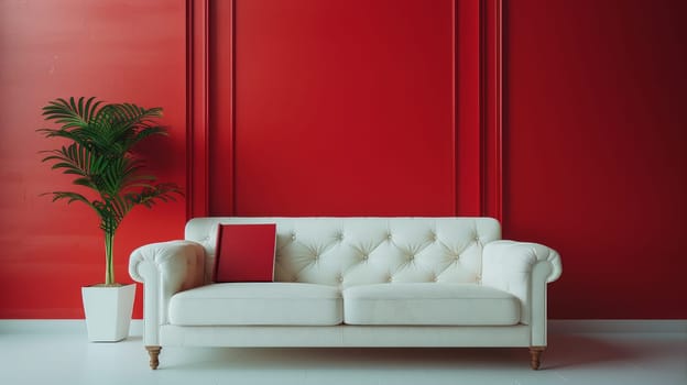 A white sofa with a red book on it and a plant, against the background of a red wall.copy space