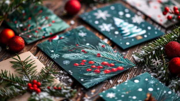 There is a pile of Christmas cards on the table.