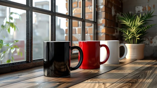 Three coffee mugs, black, red and white, stand on a table next to each other by the window