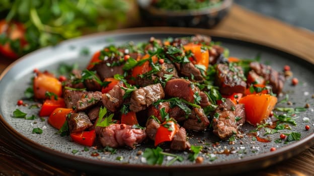 A plate of a meal with meat and vegetables on it