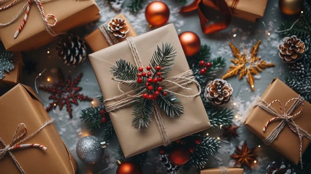 Pile of gifts wrapped in brown paper with bow on top