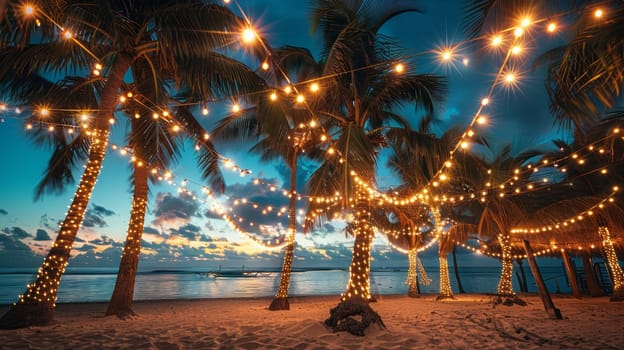 A beach with palm trees and lanterns strung between them