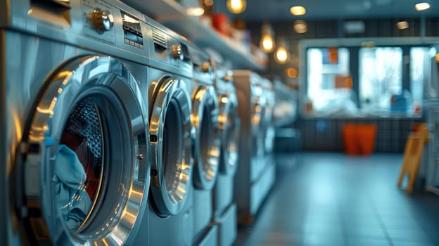 A row of washing machines in the laundry room with windows
