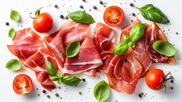 Close-up of thinly sliced meat with tomatoes and basil leaves