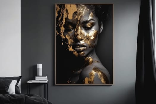Black and Gold Portrait of Woman in Bedroom.poster