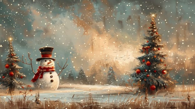 Christmas Card with Snowman in Hat and Scarf Standing Next to Two Decorated Christmas Trees