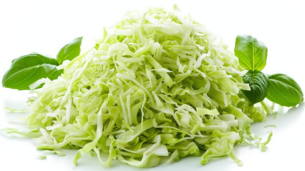 Pile of shredded cabbage with basil leaves on a white background