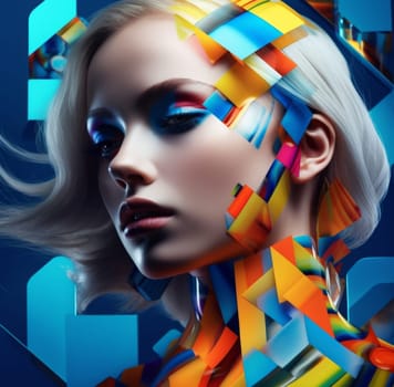 A woman with a white face and blue eyes surrounded by multi-colored geometric shapes