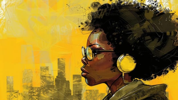 A painting of a woman with headphones on and an afro, with copy space
