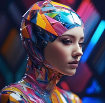 Woman in a colorful suit with a hood of geometric shapes on a bright blurred background.creative portrait