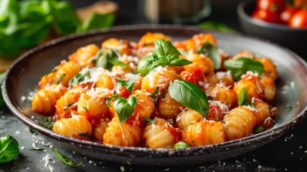 Pasta plate with tomatoes and basil leaves on the table