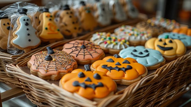Basket with decorated Halloween cookies in the form of pumpkins, ghosts and cobwebs in a wicker basket