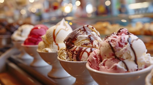A series of bowls filled with different flavors and colors of ice cream scoons.