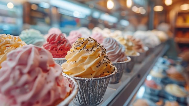 Demonstration of a pile of cupcakes with cream on top, standing in a row