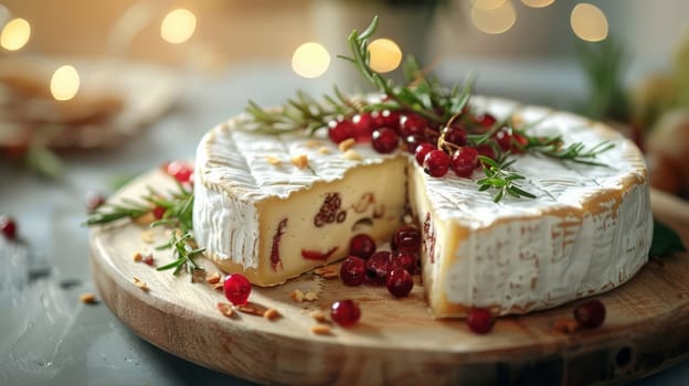 Cheese wheel with white mold, without a sector and with berries on top