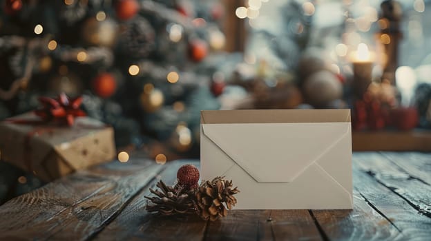 Postcard and pine cone on wooden table in front of Christmas tree