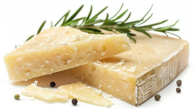Close-up of a piece of hard cheese with rosemary and pepper on a white background
