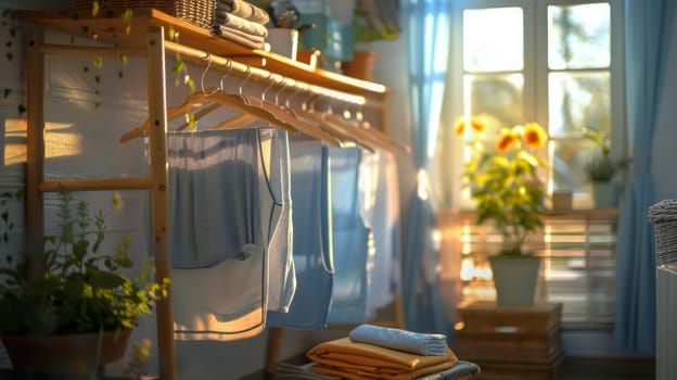 A room with clothes hanging on a hanger and a few towels