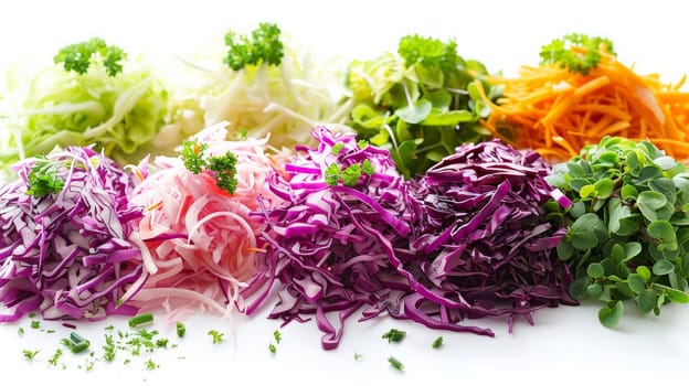 A pile of colorful shredded cabbage and carrots on a white table