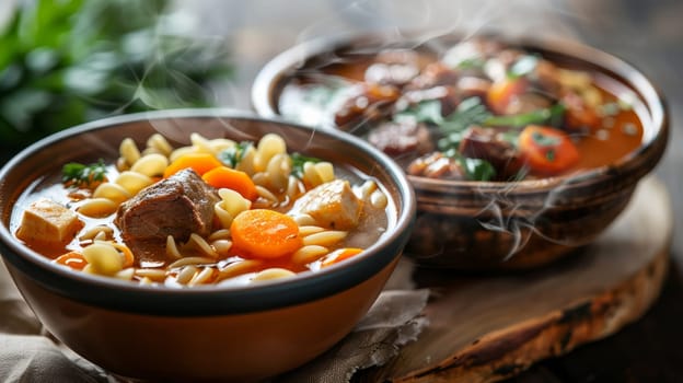 Two bowls of noodle and vegetable soup on a wooden table
