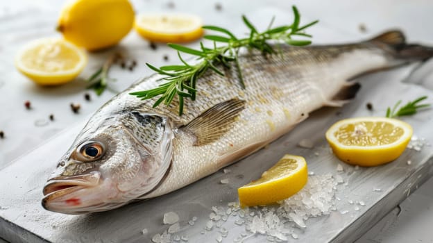 Fish with lemon slices and herbs on a cutting board