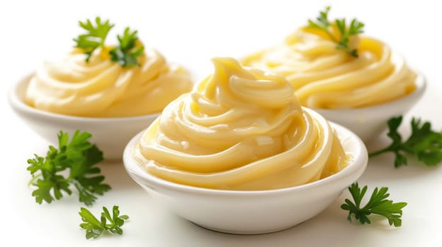 Three small bowls of whipped cream or sauces with parsley on top