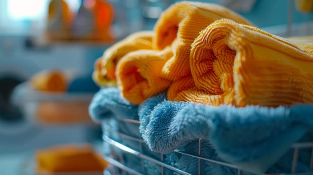 Basket with towels in the laundry room along with other things
