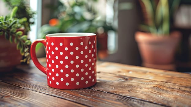 A red coffee mug with white polka dots sits on a wooden table next to potted plants.