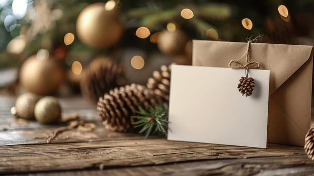 Card mockup and pine cones on wooden table with christmas decorations on Christmas tree background