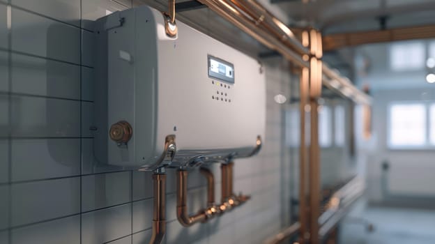 White water heater with copper pipes on the wall in the technical room