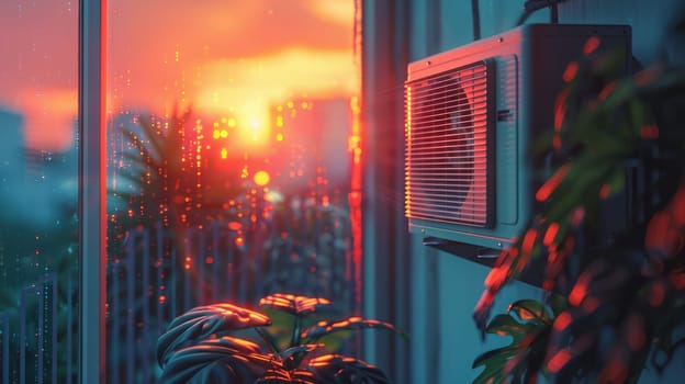Close-up of balcony window with air conditioner and plant