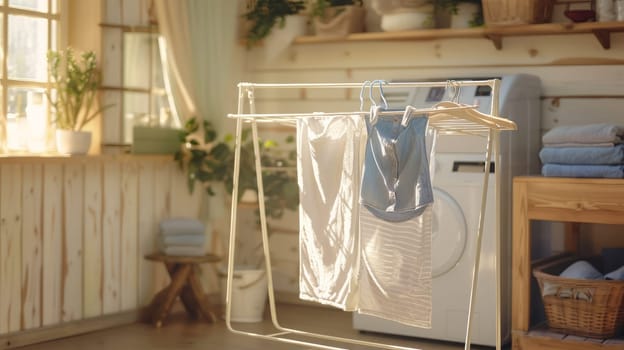 Laundry room with clothes drying on a hanger and washing machine