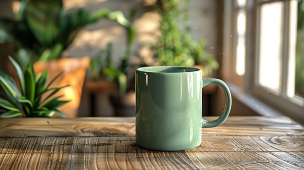 A green mug stands on a wooden table next to some plants.