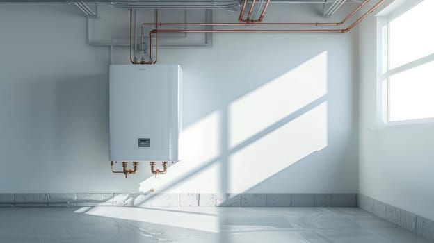 White water heater without a tank in a technical room with windows