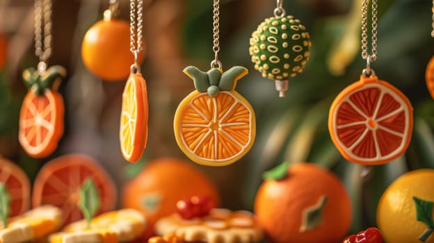A bunch of oranges and other fruit decorations hanging from chains.