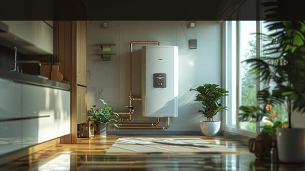 White water heater in a room with plants and windows