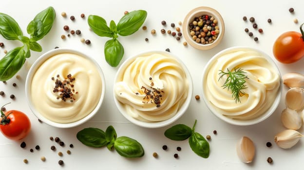 Three bowls of creamy white sauce with herbs and vegetables.top view