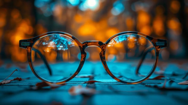 Close-up of a pair of glasses lying on leaves against the background of an autumn park