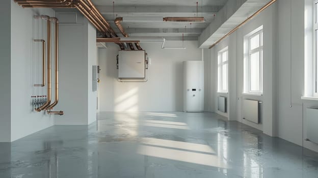 Large empty room with many pipes and windows