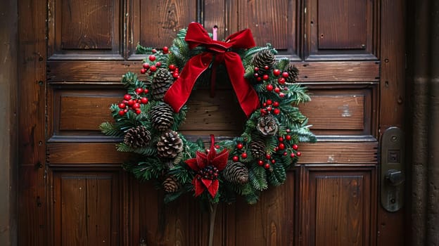 A wreath on a wooden door with pine cones and red bows .