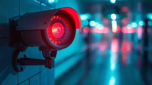 On the surveillance camera in the corridor, a red light is on.the concept of security or violation of freedoms