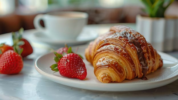 Plate with croissant and strawberries next to coffee.